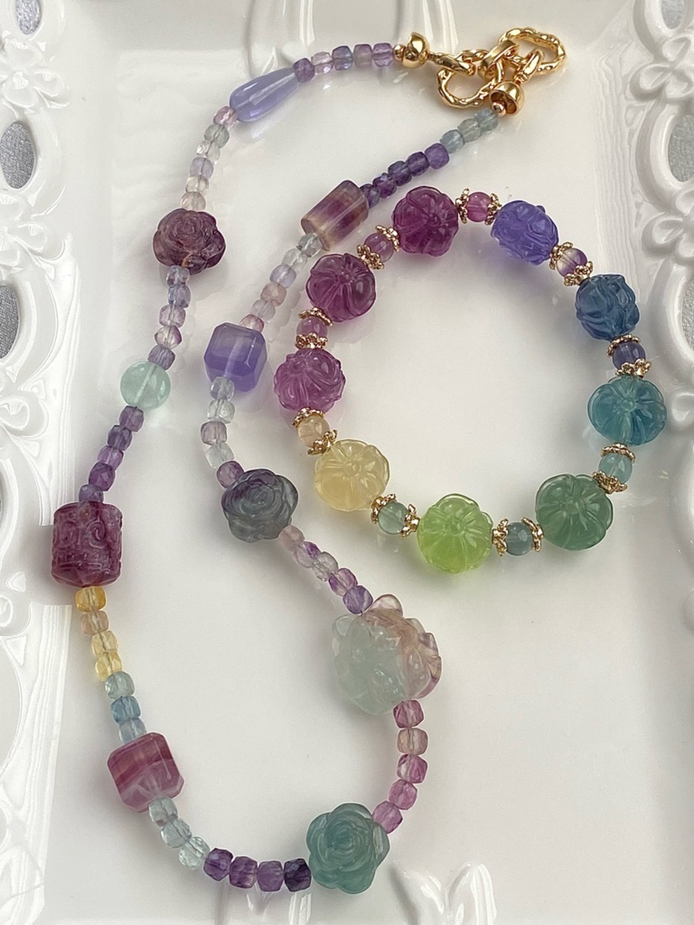 Multicolor Fluorite Floral Carved Bead Necklace and Bracelet